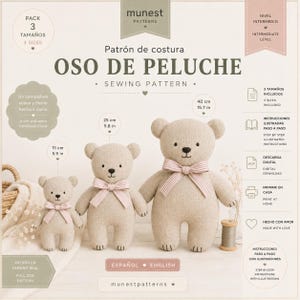 Puede incluir: Un patrón de costura para oso de peluche de Munest Patterns, que incluye tres tamaños: 15 cm, 25 cm y 40 cm. La imagen muestra tres osos de tela beige con lazos a rayas rosas y blancas, iconos de descarga digital y texto informativo.