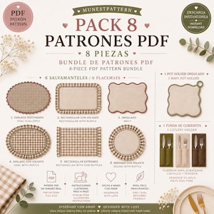 May include: A digital PDF pattern bundle titled PACK 8 PATRONES PDF featuring 8 sewing projects including six placemats in oval, rectangular, and round shapes with ruffles or scalloped edges, one wavy pot holder, and one cutlery holder for a knife and fork.
