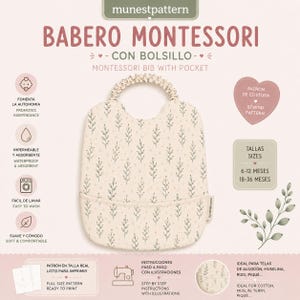 Può includere: Una bavaglino color crema con un motivo botanico di foglie verde scuro e un cinturino arricciato. Il bavaglino presenta una tasca frontale e testo tra cui "BABERO MONTESSORI," "MONTESSORI BIB WITH POCKET," e taglie per 6-12 mesi e 18-36 mesi.