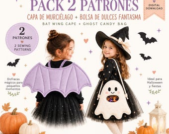 Puede incluir: Un conjunto de patrones de costura digitales que incluye una capa de alas de murciélago color lavanda y una bolsa de dulces con forma de fantasma blanca. El texto dice PACK 2 PATRONES, CAPA DE MURCIÉLAGO + BOLSA DE DULCES FANTASMA, BAT WING CAPE + GHOST CANDY BAG y munestpatterns.