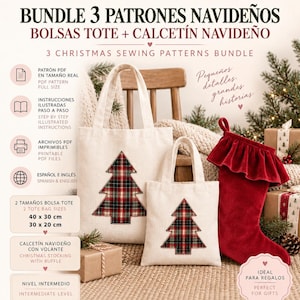 Può includere: Un set di cartamodelli per cucito intitolato BUNDLE 3 PATRONES NAVIDEÑOS che include due borse tote color crema con applicazioni di alberi di Natale a quadri e una calza natalizia in velluto rosso con una balza.