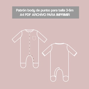Puede incluir: Un patrón de body para bebé en PDF imprimible, talla 3-6 meses. El patrón se muestra en blanco sobre fondo rosa. El patrón incluye una vista frontal y posterior del body.