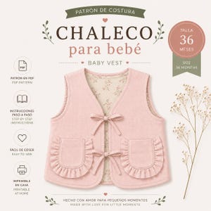 Puede incluir: Un patrón de costura para un chaleco de bebé en talla 36 meses. La imagen muestra un chaleco rosa claro con dos lazos frontales y dos bolsillos con volantes. El forro interior tiene un estampado floral pequeño. Texto: PATRÓN DE COSTURA CHALECO.