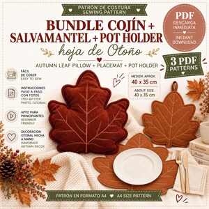 Puede incluir: Un paquete de patrones de costura digitales para un cojín, un salvamantel y un agarrador con forma de hoja de otoño. El texto incluye BUNDLE COJÍN + SALVAMANTEL + POT HOLDER, hoja de Otoño y 3 PDF PATTERNS. Medida aprox. 40 x 35 cm.