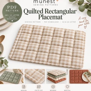 May include: A rectangular quilted placemat featuring a beige and white gingham check pattern. The digital sewing pattern includes text reading Munest Sewing Patterns, Quilted Rectangular Placemat, PDF Pattern, A4, US Letter, and Instant Download.