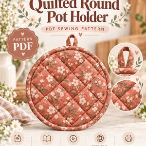 May include: A PDF sewing pattern for a quilted round pot holder by Munest. The pattern features a terracotta-colored fabric with a white floral print, a diamond-stitched quilted texture, and a small fabric hanging loop at the top.