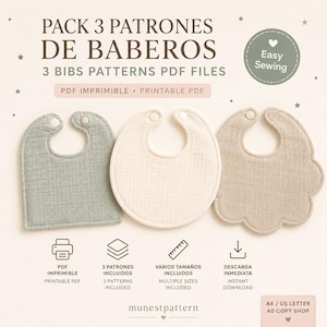 Può includere: Un grafico digitale che mostra tre modelli di bavaglini con il testo PACK 3 PATRONES DE BABEROS, 3 BIBS PATTERNS PDF FILES ed Easy Sewing. L'immagine mostra un bavaglino quadrato verde salvia, uno rotondo color crema e uno beige smerlato.