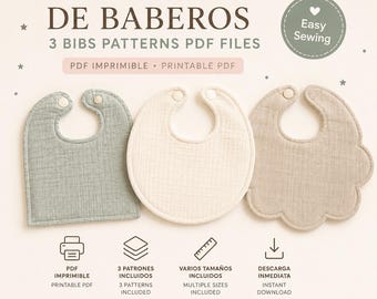 Op de afbeelding: Een digitale afbeelding met drie slabbetjespatronen en de tekst PACK 3 PATRONES DE BABEROS, 3 BIBS PATTERNS PDF FILES en Easy Sewing. De afbeelding toont een vierkant saliegroen slabbetje, een rond crèmekleurig slabbetje en een beige schulprand slabbetje.