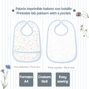 Puede incluir: Un patrón imprimible de babero con bolsillo, mostrando una vista delantera con estampado floral y una vista trasera blanca lisa. El diseño incluye ribetes azul claro, cierres a presión y los textos: Patrón imprimible babero con bolsillo, Printable bib pattern with a pocket, Vista delantera, Front view, Vista espalda, Back view, Formato A4, Costura fácil y Easy sewing.