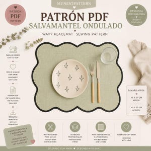 Peut inclure: Un patron de couture numérique pour un set de table ondulé intitulé PATRÓN PDF SALVAMANTEL ONDULADO WAVY PLACEMAT SEWING PATTERN. L'image montre un set de table vert clair avec un bord festonné noir, une assiette mouchetée, une fourchette, un couteau et un verre.