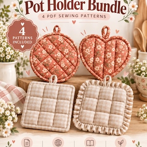 May include: A digital product listing for a Pot Holder Bundle featuring 4 PDF sewing patterns. The image displays four quilted pot holders: two in a floral rust-colored fabric, one round and one heart-shaped, and two square ones in beige plaid.