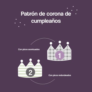 Può includere: Due modelli di corona per feste di compleanno. La prima corona ha punte appuntite e un motivo a scacchi grigio e bianco. La seconda corona ha punte arrotondate e un motivo a righe verde e bianco. Entrambe le corone hanno un cerchio bianco con un numero al centro.