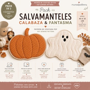 Puede incluir: Un patrón de costura en PDF para dos salvamanteles con forma de calabaza y fantasma. La calabaza es naranja con un pequeño estampado floral y el fantasma es de color blanco roto. El texto incluye "PACK DE 2", "SALVAMANTELES CALABAZA & FANTASMA" y "40 X 35 CM".