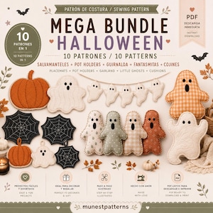 Puede incluir: Un paquete de patrones de costura titulado Mega Bundle Halloween con 10 diseños para manteles individuales, agarraderas, guirnaldas, fantasmas y cojines. La imagen muestra calabazas de tela, telarañas y varios peluches con forma de fantasma.