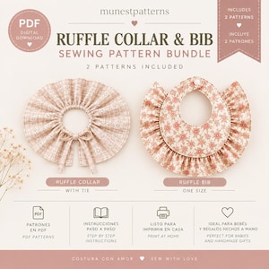 Può includere: Un pacchetto di cartamodelli intitolato Ruffle Collar & Bib di munestpatterns. L'immagine mostra un colletto a balze in vichy beige con laccetto e una bavaglina a balze con stampa floreale. Il testo include download PDF e istruzioni.