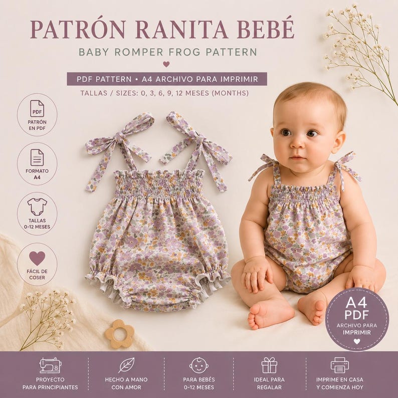 May include: A digital PDF sewing pattern for a baby romper with a floral print. The text includes PATR&Oacute;N RANITA BEB&Eacute;, BABY ROMPER FROG PATTERN, PDF PATTERN, A4 ARCHIVO PARA IMPRIMIR, and sizes 0, 3, 6, 9, 12 months. A baby wears the floral romper.