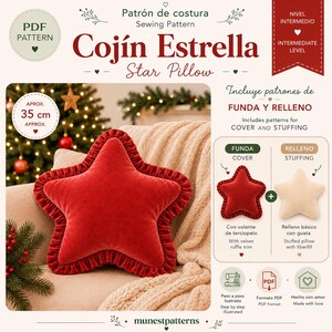 Puede incluir: Un patrón de costura en PDF para un cojín en forma de estrella con un volante de terciopelo rojo. El patrón incluye instrucciones para la funda y el relleno, con un tamaño aproximado de 35 cm. El texto incluye Patrón de costura, Cojín Estrella y Star Pillow.