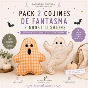 Puede incluir: Un patrón de costura para dos cojines de fantasma con el texto PACK 2 COJINES DE FANTASMA 2 GHOST CUSHIONS. Un fantasma es de cuadros naranjas y blancos, el otro es crema con acolchado de espirales. Ambos tienen ojos y bocas de fieltro negro.