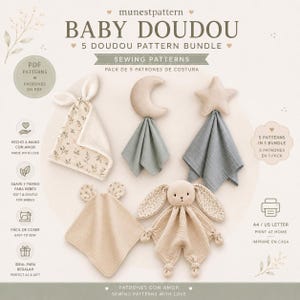 Op de afbeelding: Een digitaal naaipatroonpakket getiteld BABY DOUDOU 5 DOUDOU PATTERN BUNDLE met vijf verschillende ontwerpen voor baby-knuffeldoekjes. De collectie bevat een bloemrijk konijntje, een halve maan, een ster, een beertje en een konijntje met geknoopte hoeken.