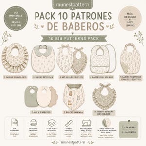 Pode incluir: Um conjunto de moldes de costura digitais intitulado PACK 10 PATRONES DE BABEROS apresentando dez designs distintos de babadores para bebês. A imagem exibe vários estilos de babadores, incluindo versões com babados, gola Peter Pan, bandana e bolso.