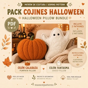 Puede incluir: Un paquete de patrones de costura para cojines de Halloween, que incluye un cojín de calabaza naranja texturizado y un cojín de fantasma blanco con ojos de botón negros. El gráfico contiene etiquetas para cojín calabaza y cojín fantasma.