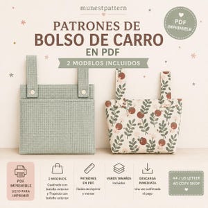 Puede incluir: Dos patrones de bolso de carro en formato PDF. Uno es un bolso cuadrado de color verde salvia con textura de nido de abeja, dos correas y broches. El otro es un bolso trapezoidal con fondo crema y un estampado de hojas y bayas marrones y verdes.