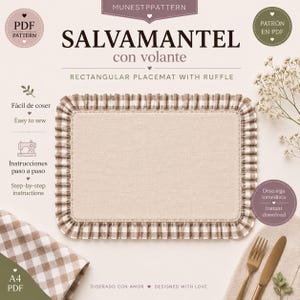 Puede incluir: Un mantel individual rectangular con centro beige y borde de volantes a cuadros vichy marrones y blancos. La imagen incluye texto: MUNESTPPATTERN, SALVAMANTEL con volante, RECTANGULAR PLACEMAT WITH RUFFLE, FÁCIL DE COSER, EASY TO SEW, A4 PDF.