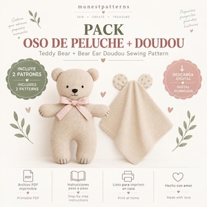 Könnte beinhalten: Ein digitales Schnittmuster-Paket für einen Teddybären und ein Bärenohr-Schmusetuch. Das Bild zeigt einen beigen Teddybären mit einem rosa gestreiften Band und ein beiges quadratisches Schmusetuch mit Bärenohren. Text: "PACK OSO DE PELUCHE + DOUDOU" und "Teddy Bear + Bear Ear Doudou Sewing Pattern".