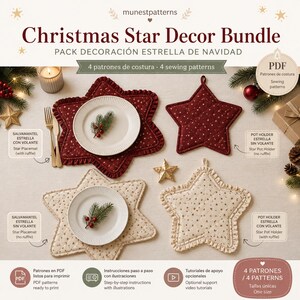 Puede incluir: Un conjunto de patrones de costura en PDF Christmas Star Decor Bundle que incluye cuatro diseños: un salvamantel estrella con volante, un salvamantel estrella sin volante, un agarrador estrella sin volante y un agarrador estrella con volante.
