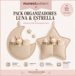 May include: A sewing pattern for a moon and star wall organizer set by munestpattern. The beige fabric organizers feature pockets holding a baby bottle, a small rabbit figurine, and a cloth. Includes A4 format, full-size patterns, and illustrated instructions.