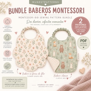 Puede incluir: Un paquete de patrones de costura para dos baberos titulado BUNDLE BABEROS MONTESSORI. Un babero tiene forma de flor con estampado floral, y el otro es de forma rectangular clásica con un estampado de animales del bosque, osos y conejos.