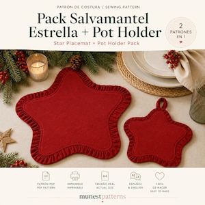 Puede incluir: Un patrón de costura para un set de salvamantel y agarradera en forma de estrella. El texto dice: Pack Salvamantel Estrella + Pot Holder, 2 Patrones en 1, Patrón PDF, Imprimible, Tamaño Real, Español & English, Fácil de Hacer, munest patterns.