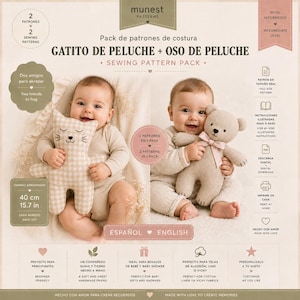 May include: A sewing pattern pack for a plush cat and bear, featuring text in English and Spanish. The pack includes full-size patterns, step-by-step instructions, and digital download options for 15.7-inch toys. The design is beginner-friendly.
