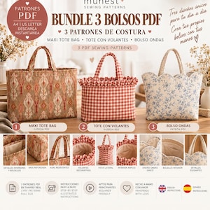 3 Tote Bag Sewing Patterns Bundle PDF | Maxi Tote, Ruffle Tote & Wavy Bag Pattern | A4 Printable Sewing Pattern | Instant Download