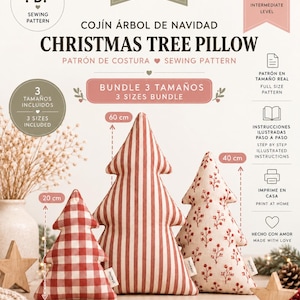 Puede incluir: Un patrón de costura PDF para un conjunto de cojines con forma de árbol de Navidad de Munest Patterns. La imagen muestra tres cojines de 20 cm, 60 cm y 40 cm, con telas de cuadros vichy rojos y blancos, rayas verticales y estampado floral.