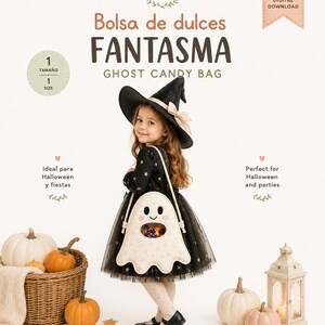 May include: A digital sewing pattern for a ghost-shaped candy bag. The text reads: PATRÓN DE COSTURA SEWING PATTERN, Bolsa de dulces FANTASMA GHOST CANDY BAG, 1 TAMAÑO 1 SIZE, PDF DESCARGA DIGITAL DIGITAL DOWNLOAD, Ideal para Halloween y fiestas, Perfect for Halloween and parties, munestpatterns.