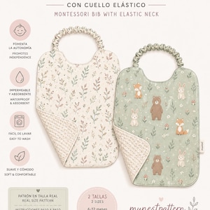 Puede incluir: Dos baberos Montessori con cuello elástico. Uno tiene un fondo crema con un patrón de hojas verdes y marrones, mientras que el otro tiene un fondo verde salvia con ilustraciones de osos, zorros, conejos y setas.