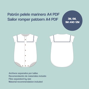 Puede incluir: Patrón de pelele marinero en PDF imprimible, disponible en tallas 3, 6, 9 y 12 meses. El patrón incluye instrucciones y recomendaciones de materiales.