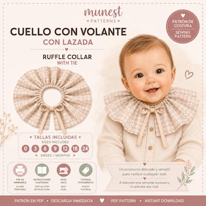 Puede incluir: Un patrón de costura para un cuello con volante y lazada, confeccionado en tela de cuadros vichy beige y blanca con bordado suizo. El patrón incluye tallas de 0 a 24 meses, disponible en PDF con instrucciones ilustradas y tutorial fotográfico.