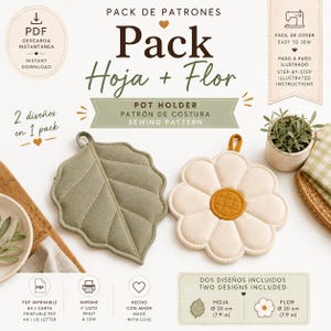 Puede incluir: Un patrón de costura digital para dos agarraderas, una con forma de hoja verde y otra de flor blanca con centro amarillo. El texto incluye Pack de Patrones, Pack Hoja + Flor, Pot Holder y Two Designs Included con 20 cm de diámetro.