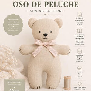 May include: A beige fabric teddy bear with a pink and white striped bow around its neck, featuring black embroidered eyes, nose, and paw details. The text on the page includes Munest Patterns, Patrón de costura, Oso de peluche, and 40 cm 15.7 in.