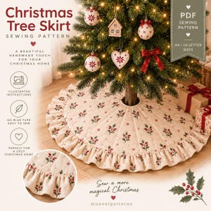 May include: A cream-colored quilted Christmas tree skirt featuring a red berry and green leaf pattern with a ruffled edge. The image includes text: Christmas Tree Skirt Sewing Pattern, PDF Sewing Pattern, A4 / US Letter Sizes.