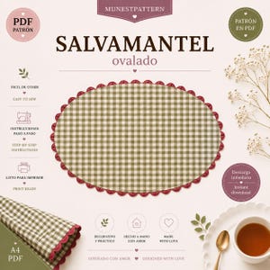 Op de afbeelding: Een digitaal PDF-naaipatroon voor een ovale placemat genaamd SALVAMANTEL ovalado van MUNESTPATTERN. Het ontwerp toont een groen-witte vichy-ruitstof met een geschulpte donkerrode rand. Bevat tekst voor stapsgewijze instructies.