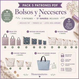 May include: A digital PDF pattern pack for bags and pouches titled PACK 5 PATRONES PDF Bolsos y Neceseres. It displays five bag styles in various sizes, including tote bags, ruffled pouches, and zippered cases with floral and gingham patterns.