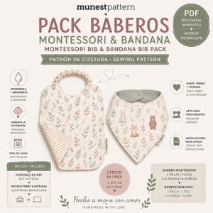 Pode incluir: Um molde de costura digital para um babador Montessori e um babador bandana. O babador Montessori apresenta uma estampa de folhas e uma parte inferior texturizada. O babador bandana exibe uma estampa de animais da floresta com forro verde.