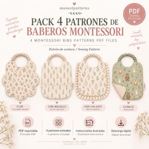 Pode incluir: Um pacote de moldes de costura digitais para quatro babadores Montessori intitulado PACK 4 PATRONES DE BABEROS MONTESSORI. O conjunto inclui um babador em forma de flor, um com bolso, um com babado e um babador clássico com estampa animal.
