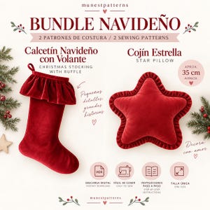 Puede incluir: Un paquete de patrones de costura digitales titulado BUNDLE NAVIDEÑO que incluye un calcetín navideño de terciopelo rojo con volante y un cojín estrella de terciopelo rojo. La imagen contiene texto, iconos de descarga PDF y 35 cm de tamaño.
