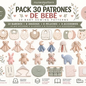 Può includere: Una collezione digitale di 30 cartamodelli per cucito neonato intitolata PACK 30 PATRONES DE BEBÉ. Include 10 bavaglini, 8 doudou, 6 peluche e 6 accessori. L'immagine mostra illustrazioni di questi articoli in tenui colori pastello.