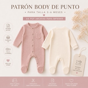 Puede incluir: Patrón de costura digital para un body de bebé de 3-6 meses, que muestra un pelele de manga larga con pies en color rosa empolvado y crema, con tapeta de botones frontal y un pequeño bolsillo en el pecho. Incluye texto en español e iconos.