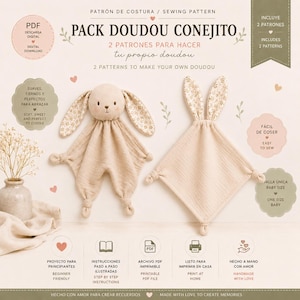 Peut inclure: Un patron de couture numérique pour un doudou lapin, intitulé PACK DOUDOU CONEJITO. L'image présente deux doudous en tissu beige avec des oreilles à motifs floraux, accompagnés de texte indiquant un téléchargement PDF, des instructions étape par étape.